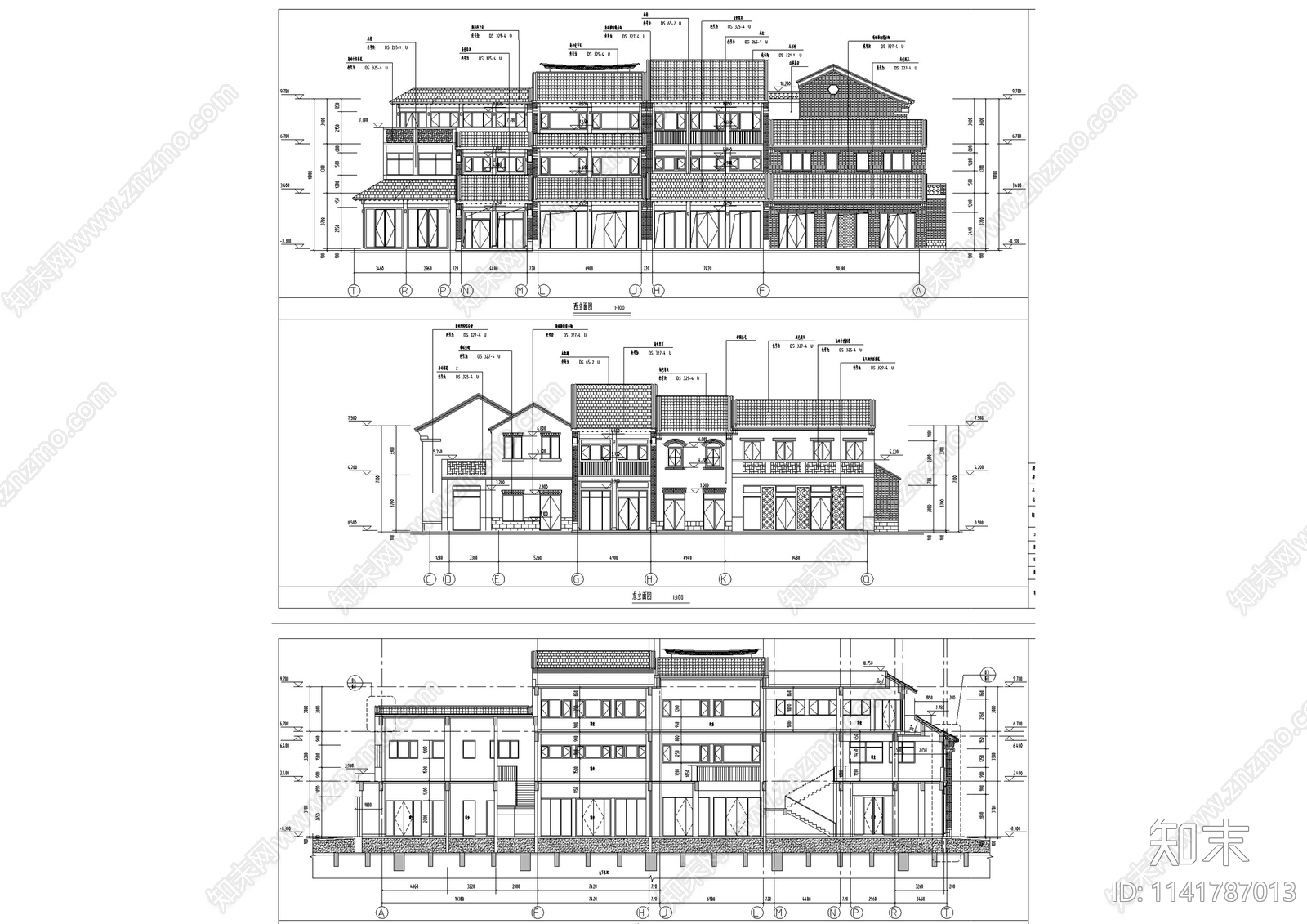 中式仿古商业街建筑cad施工图下载【ID:1141787013】