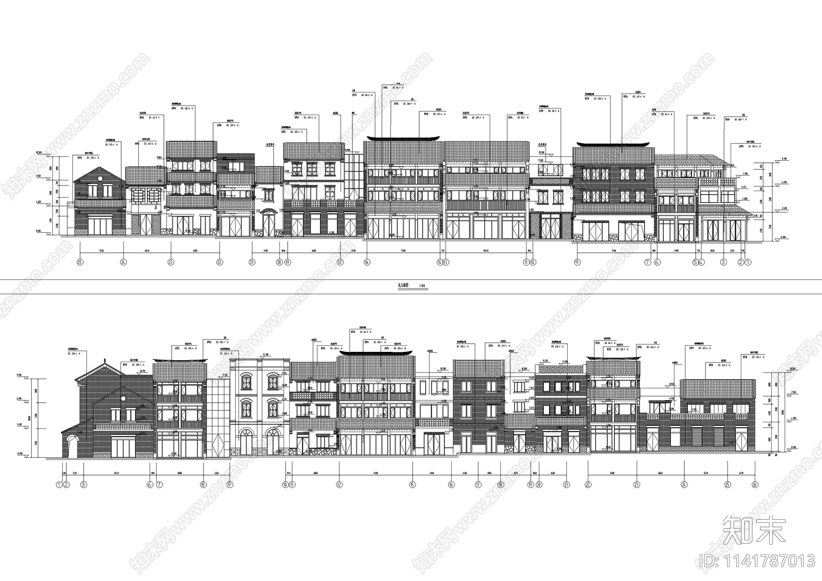 中式仿古商业街建筑cad施工图下载【ID:1141787013】