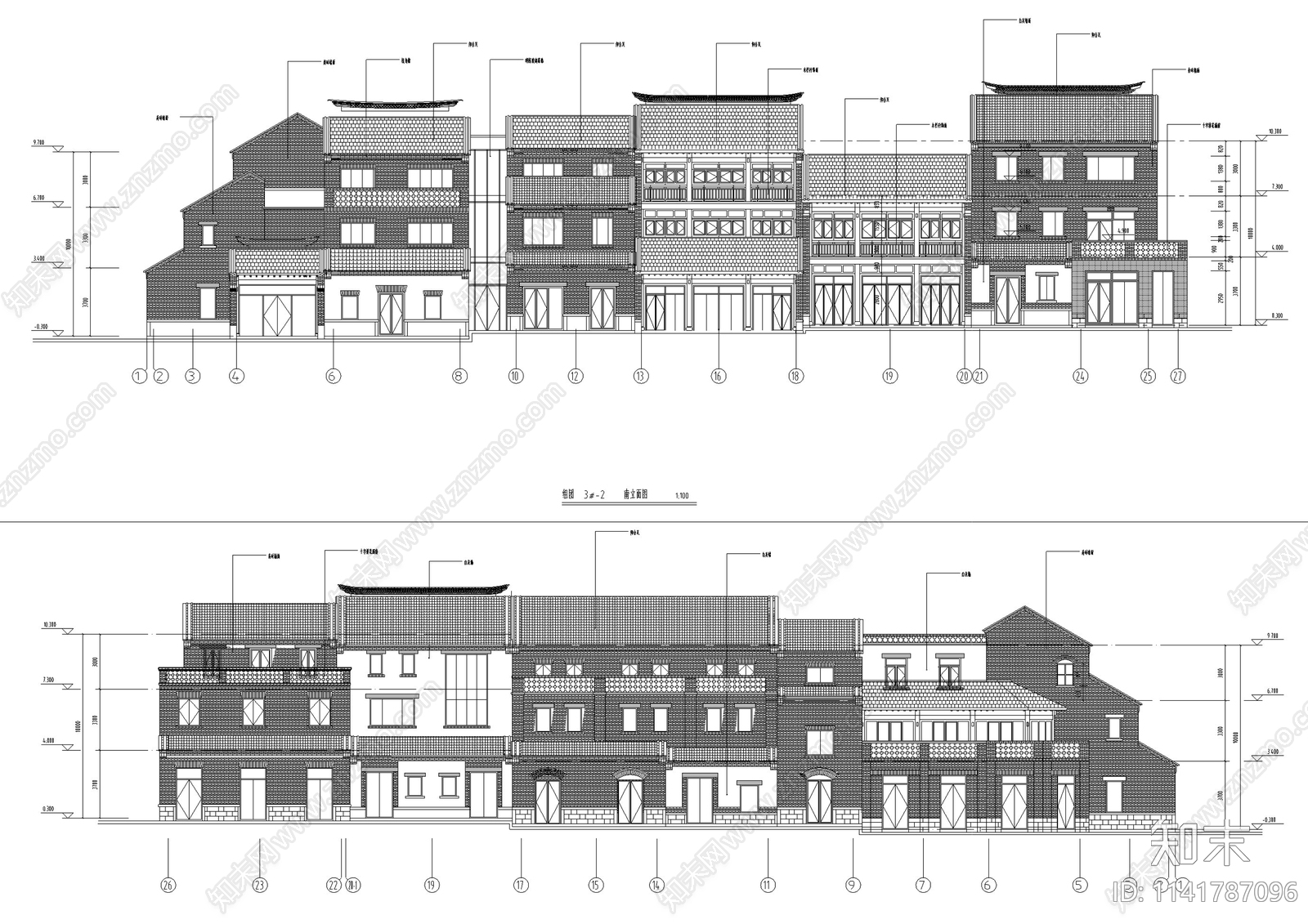 中式仿古商业街建筑cad施工图下载【ID:1141787096】