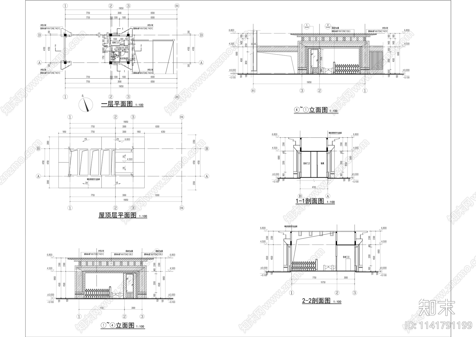 现代住宅小区大门传达室cad施工图下载【ID:1141791199】