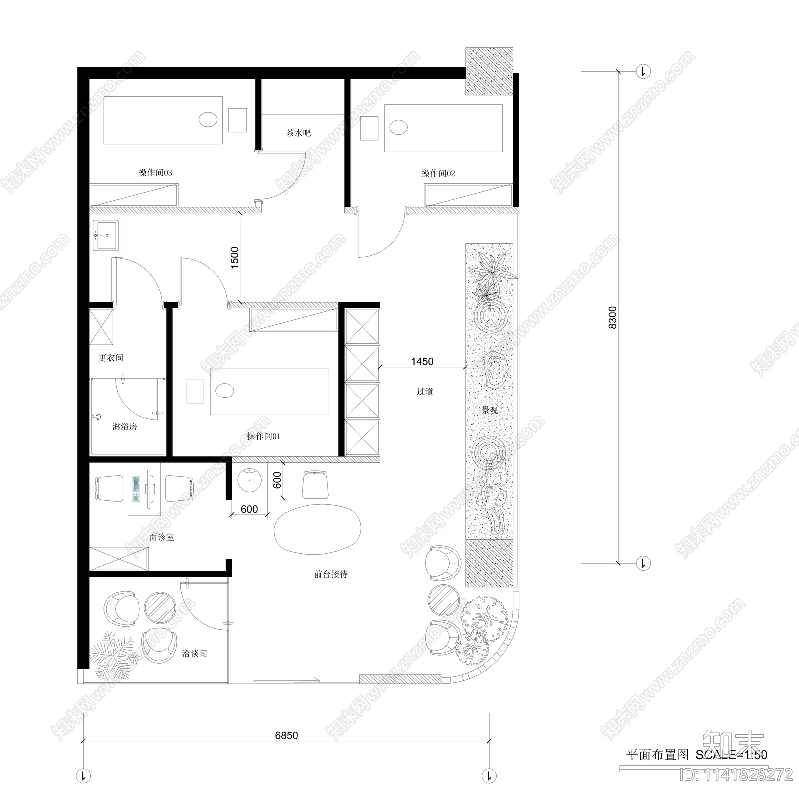 修身堂美容院室内cad施工图下载【ID:1141828272】