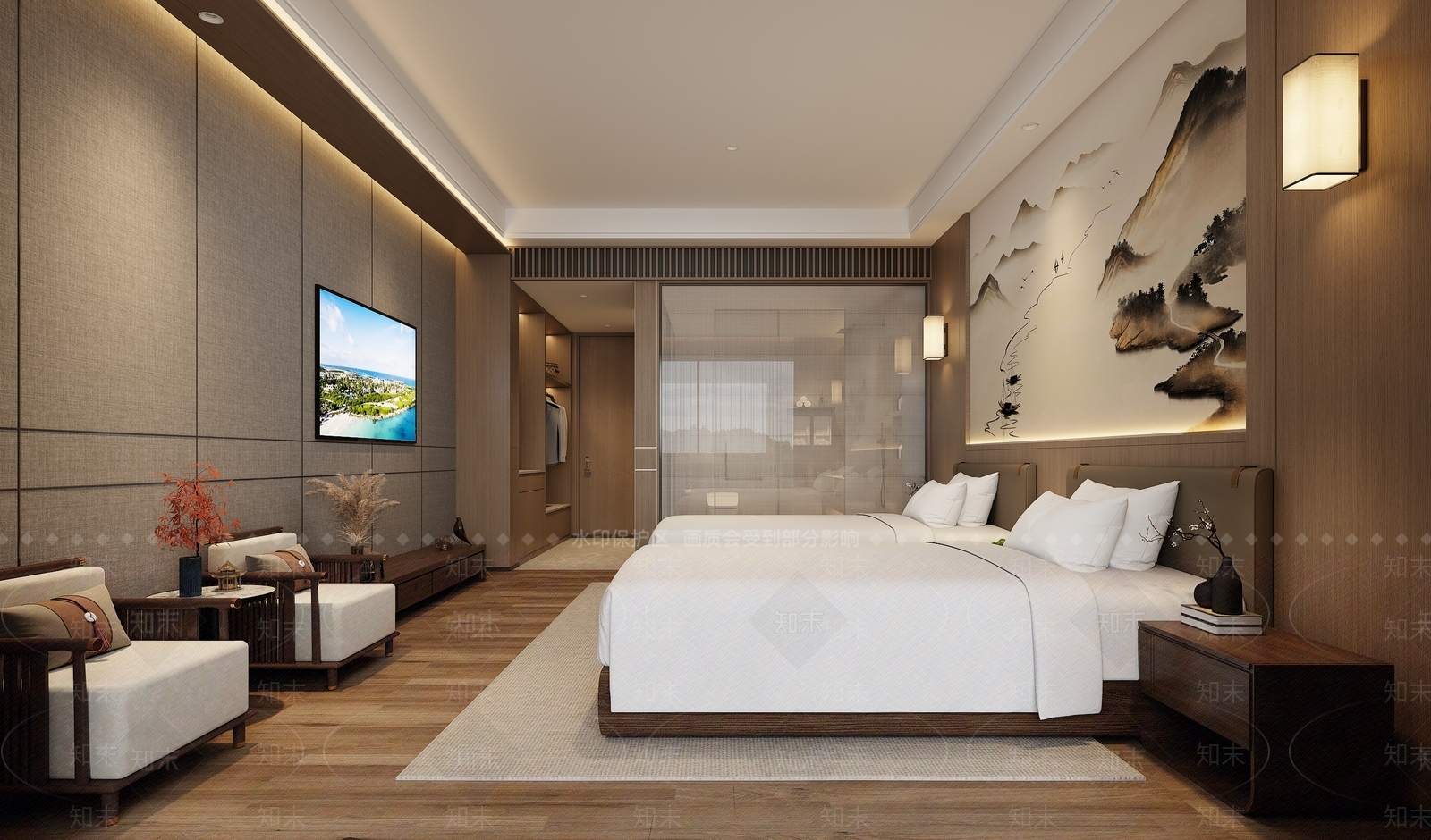 现代民宿大床房3D模型下载【ID:1141852483】
