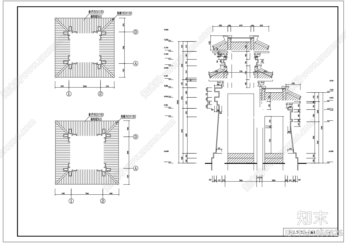 汉唐风格大门入口古建筑cad施工图下载【ID:1141856826】