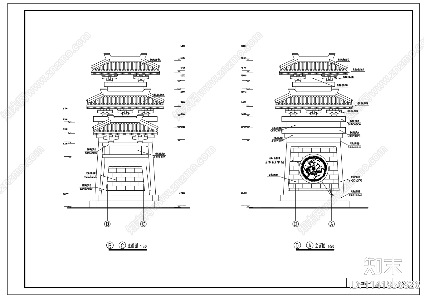 汉唐风格大门入口古建筑cad施工图下载【ID:1141856826】