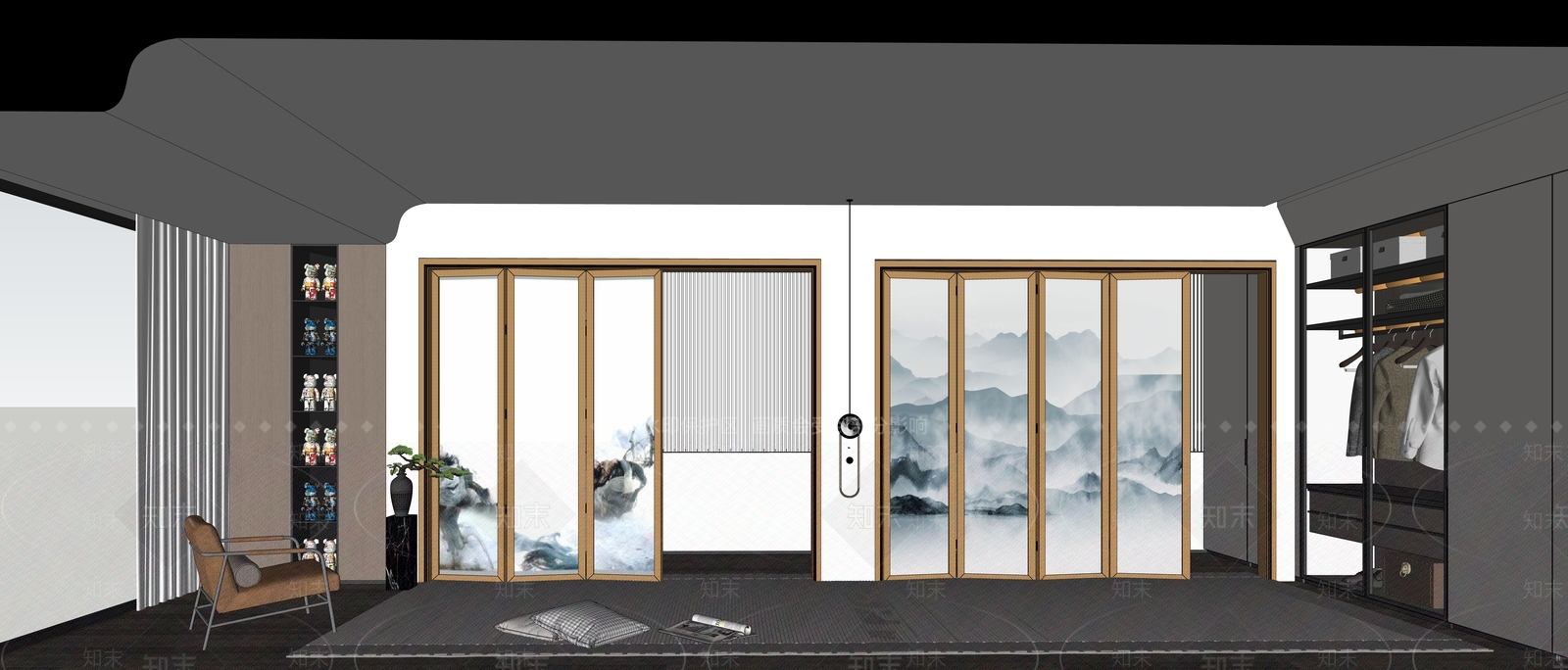 新中式山水格栅折叠门SU模型下载【ID:1141865997】