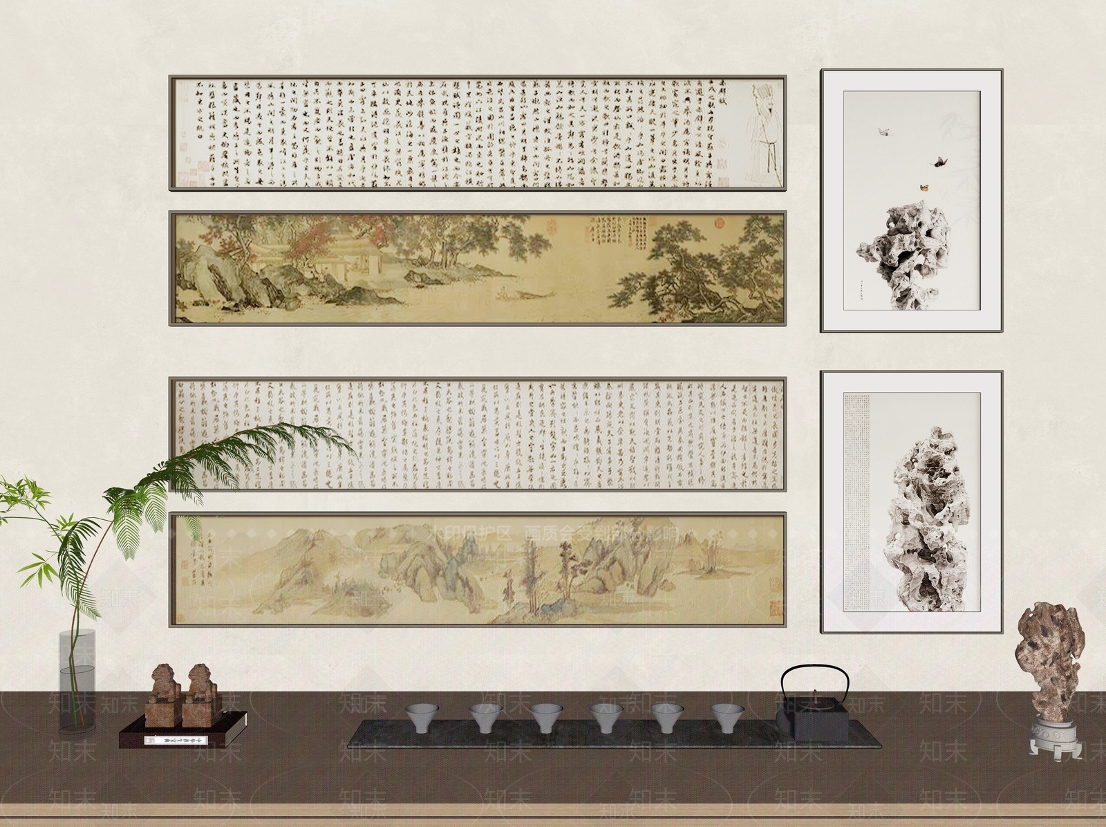新中式山水装饰字画SU模型下载【ID:1141875498】_知末su模型网