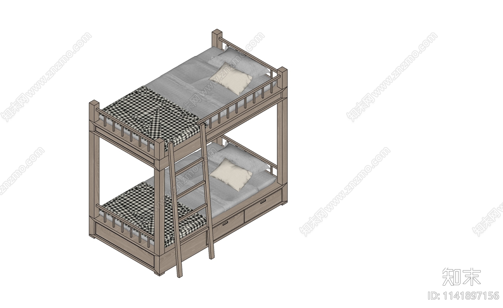 现代木制上下铺高低床SU模型下载【ID:1141897156】