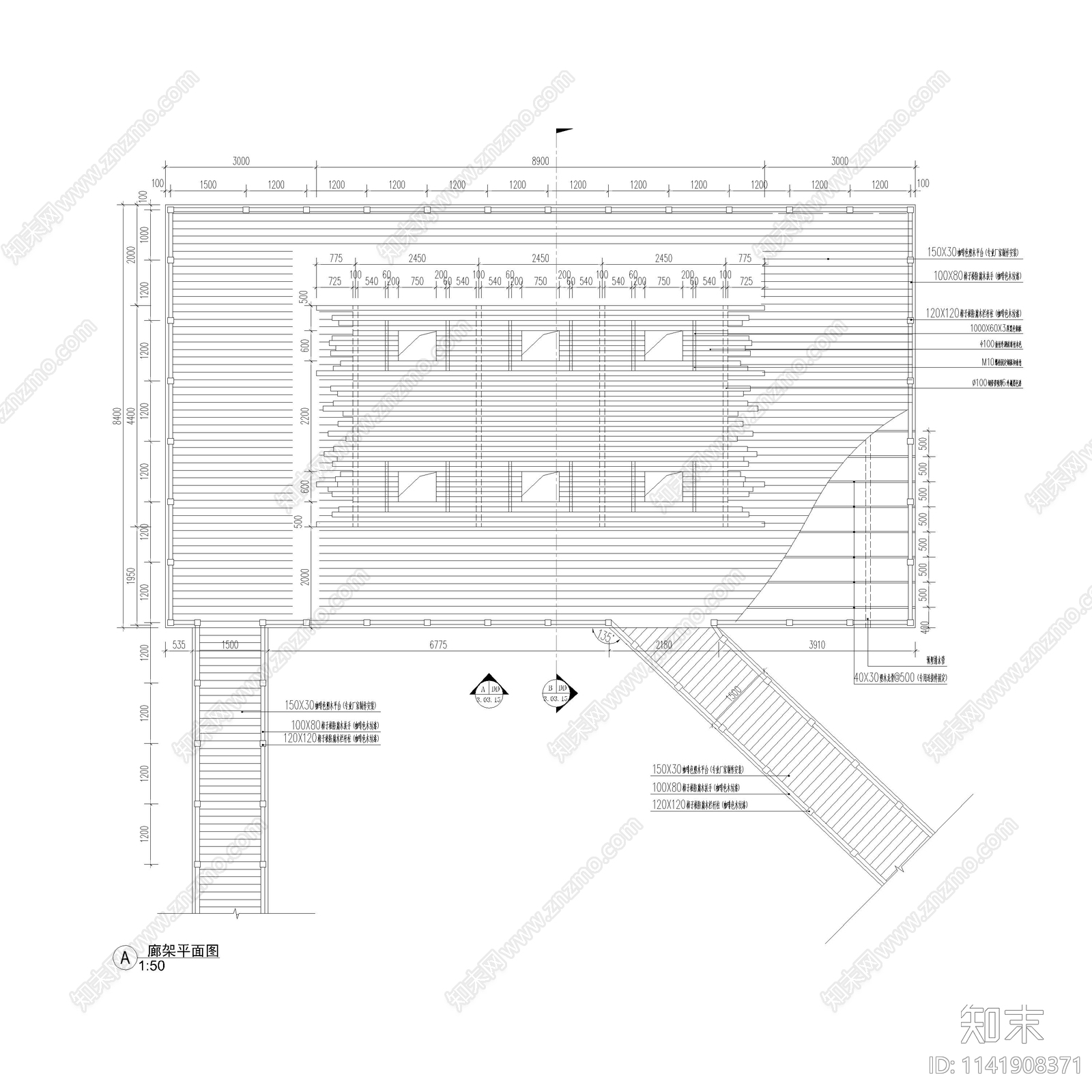 特色竹伐廊架cad施工图下载【ID:1141908371】