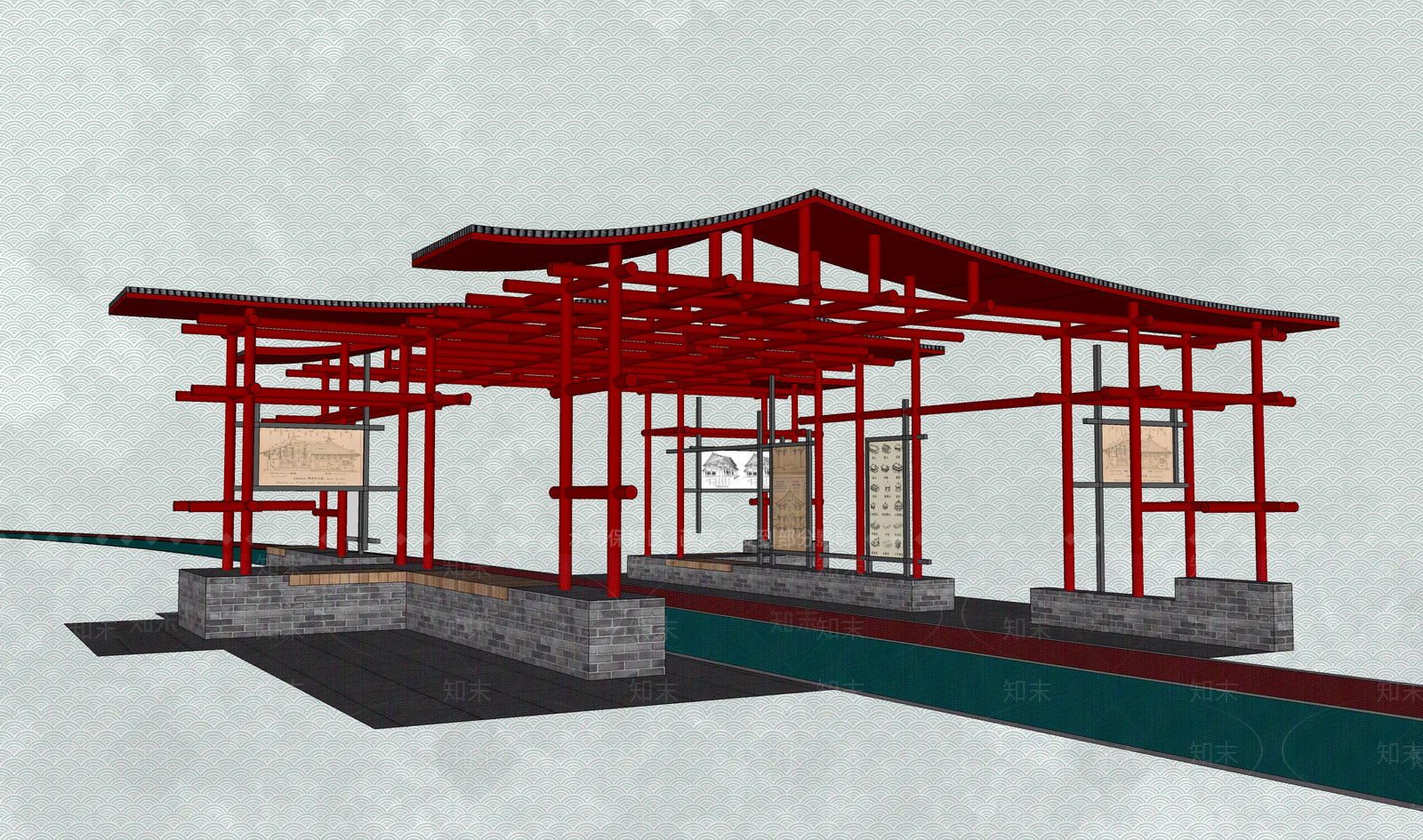中式古建筑宣传廊架SU模型下载【ID:1141937080】