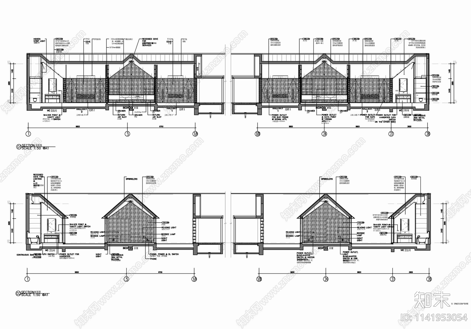 100㎡庭院式酒店客房室内cad施工图下载【ID:1141953054】