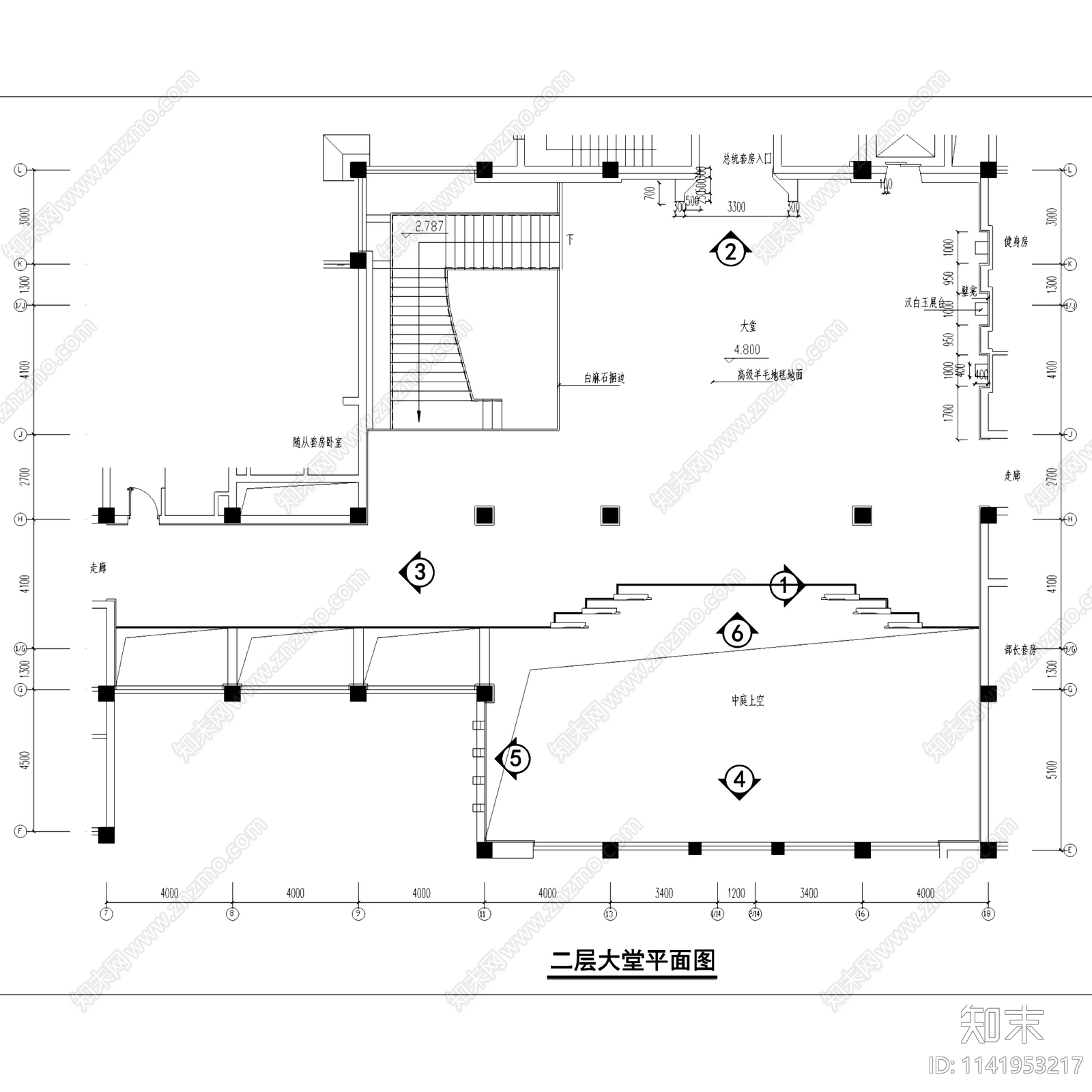 宾馆酒店公区大堂cad施工图下载【ID:1141953217】
