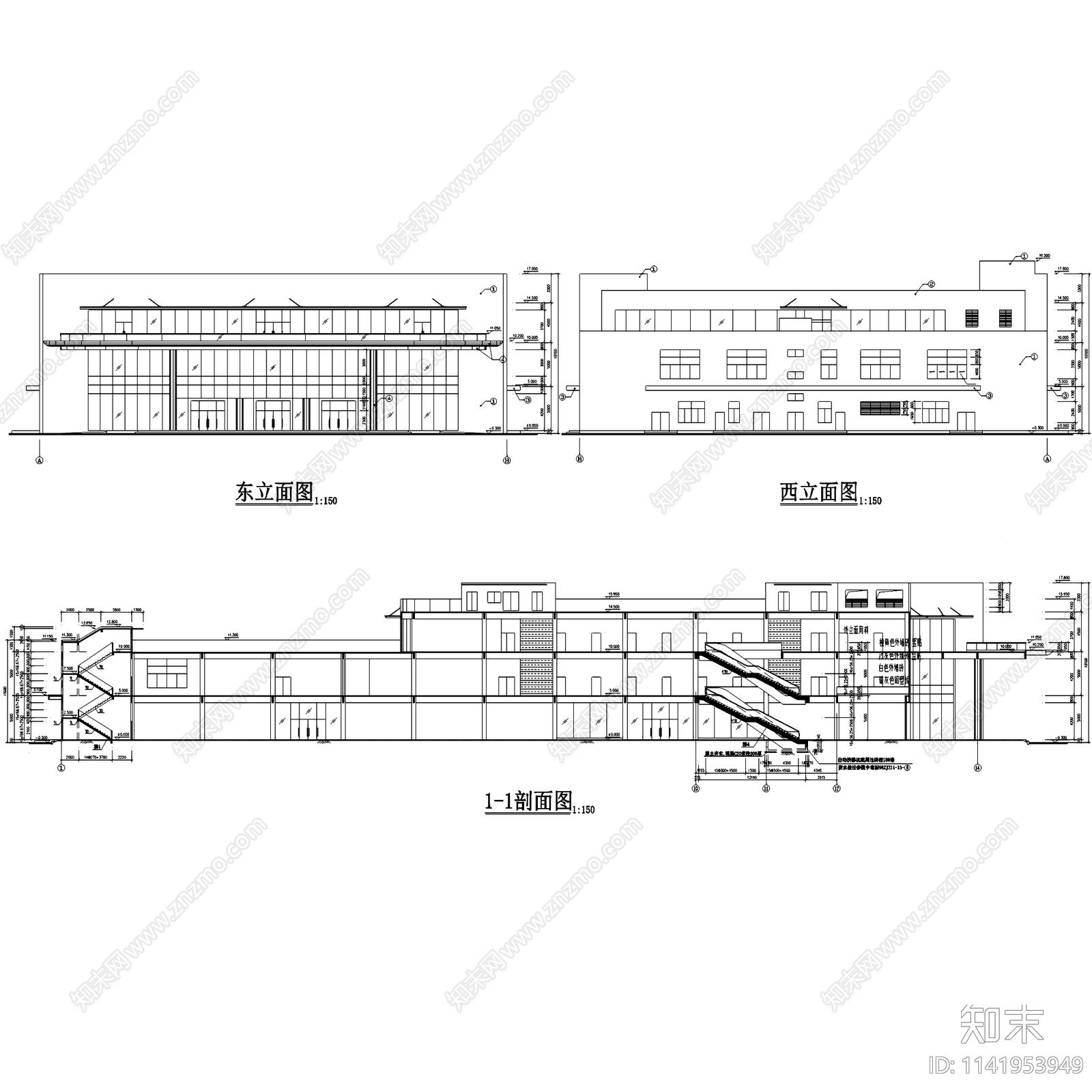 三层商场酒楼建筑cad施工图下载【ID:1141953949】