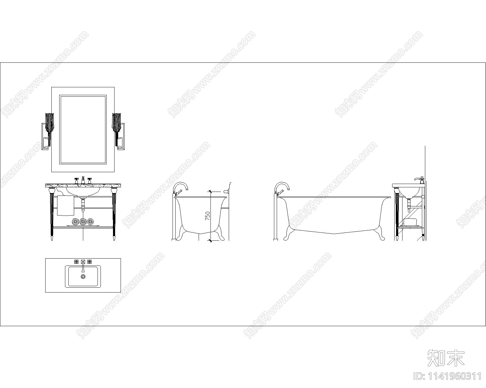 浴缸cad施工图下载【ID:1141960311】