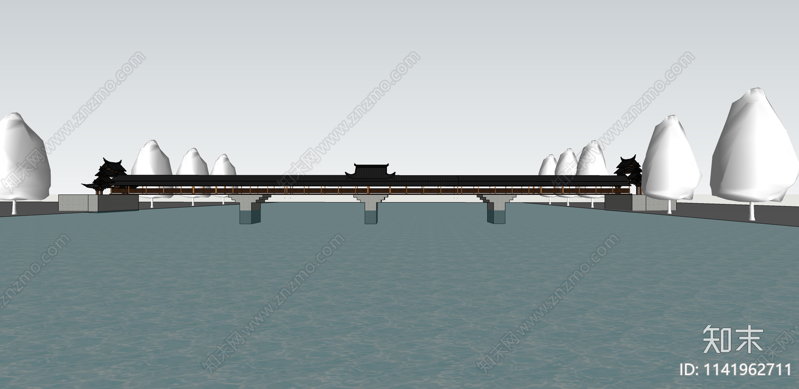 新中式廊桥SU模型下载【ID:1141962711】