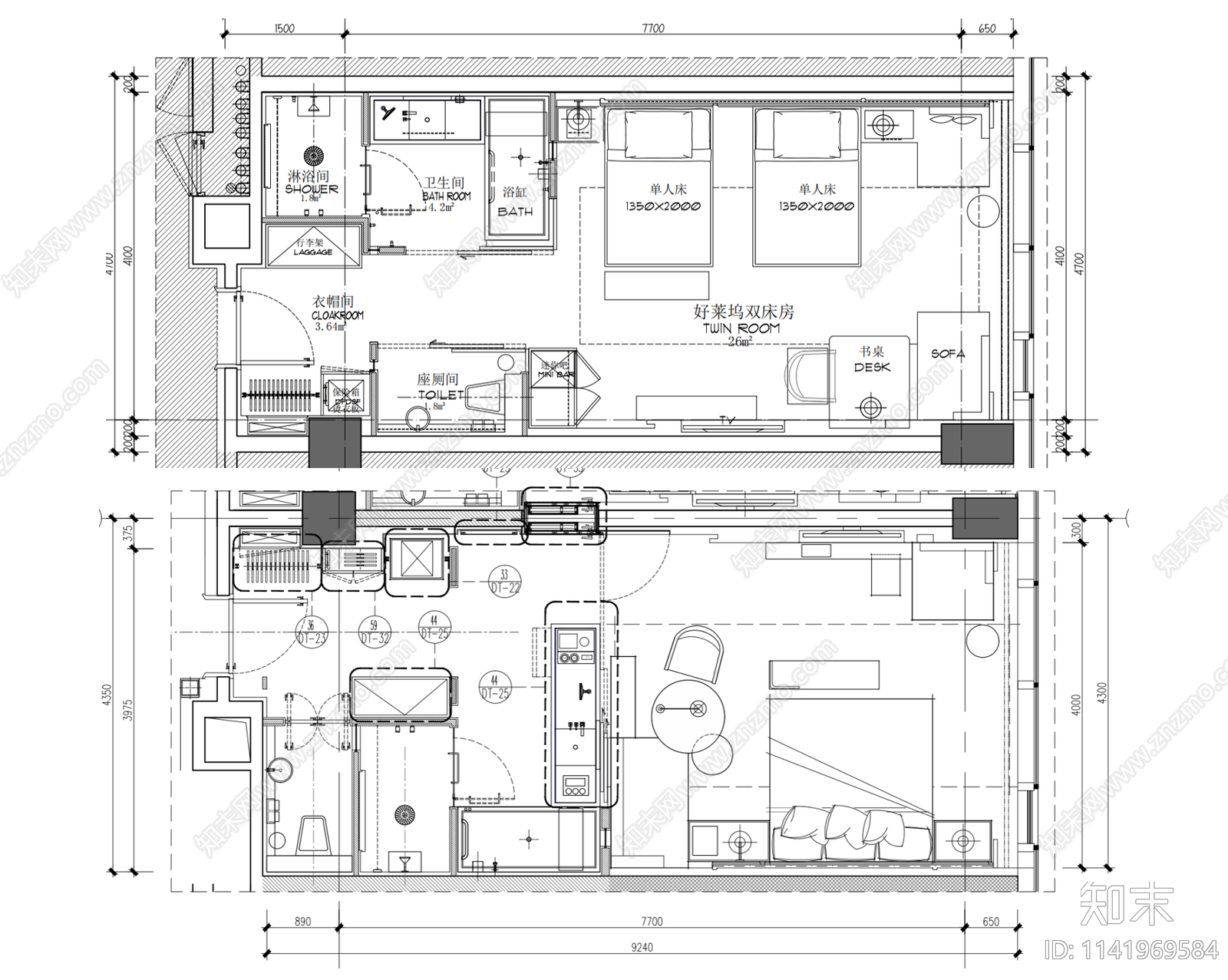 45平方好莱坞双床房大床房施工图下载【ID:1141969584】
