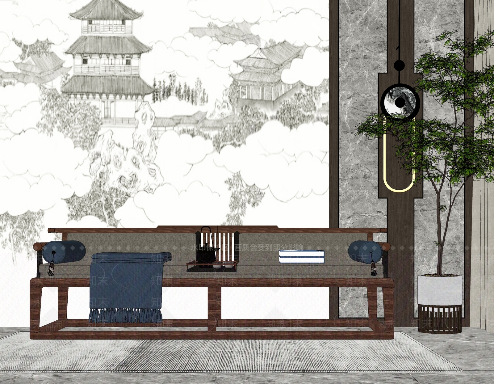 新中式沙发SU模型下载【ID:1141970350】