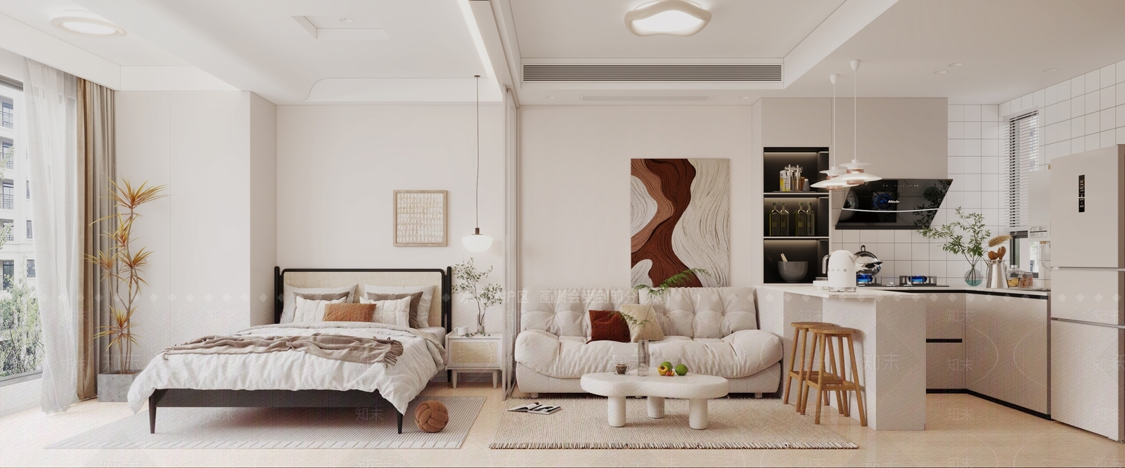 现代奶油风单身公寓3D模型下载【ID:1141973666】