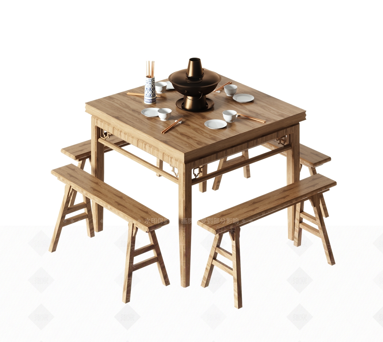 新中式八仙餐桌凳3D模型下载【ID:1141975375】