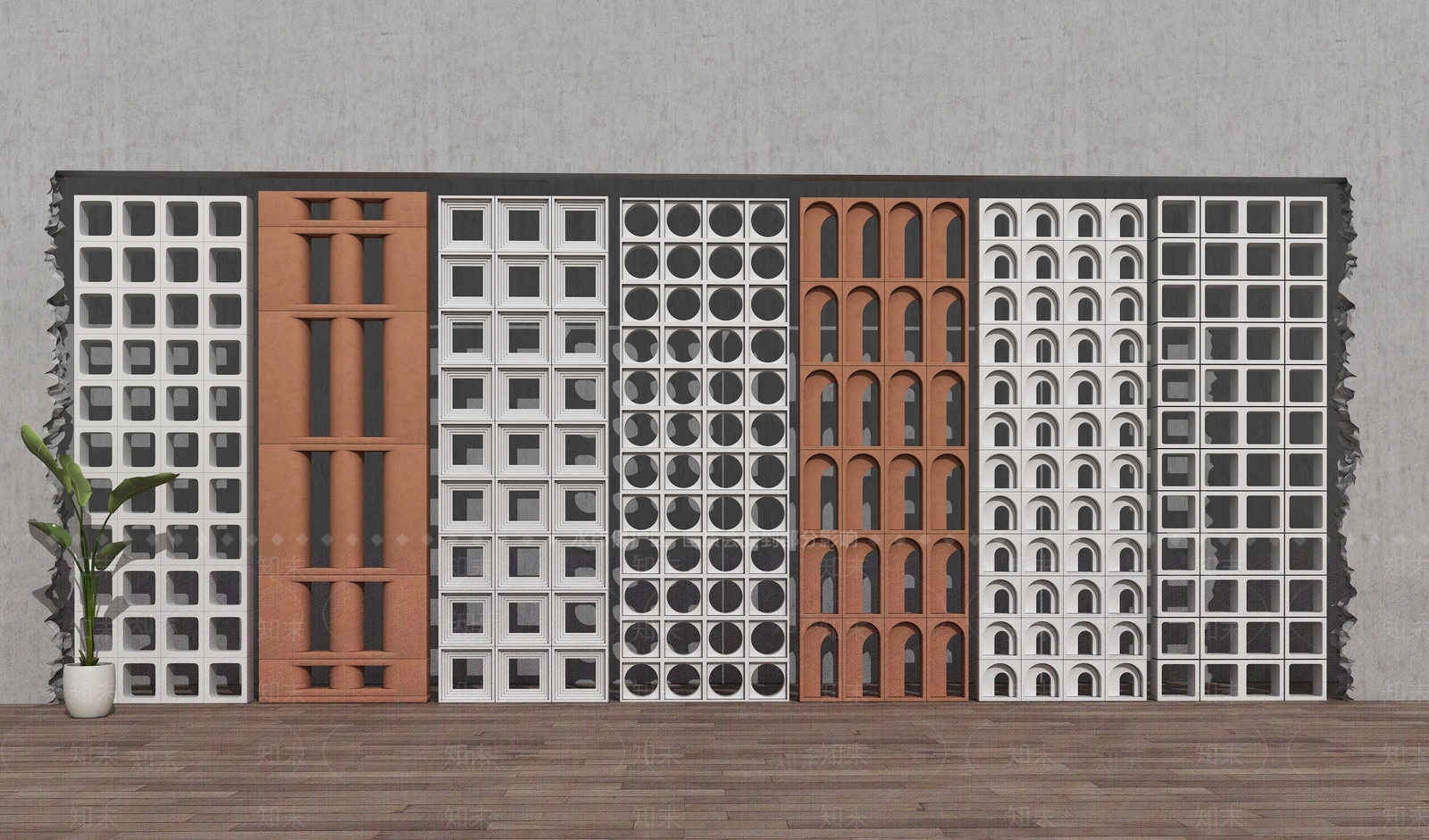 现代镂空水泥砖隔断SU模型下载【ID:1142006382】