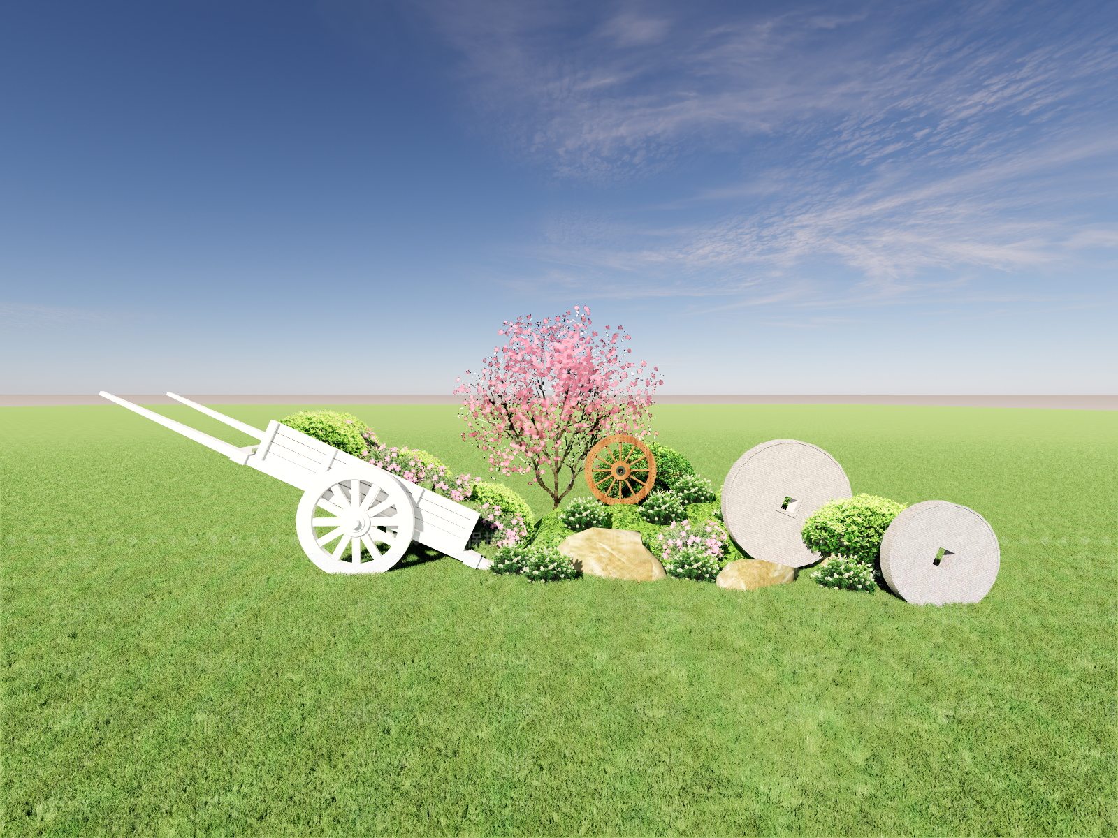 现代乡村田园手推车花卉雕塑小品SU模型下载【ID:1142197576】