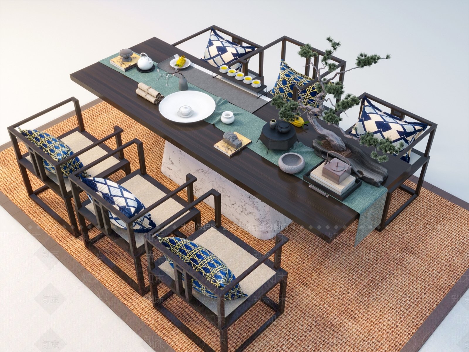 新中式茶桌椅组合3D模型下载【ID:1142824624】