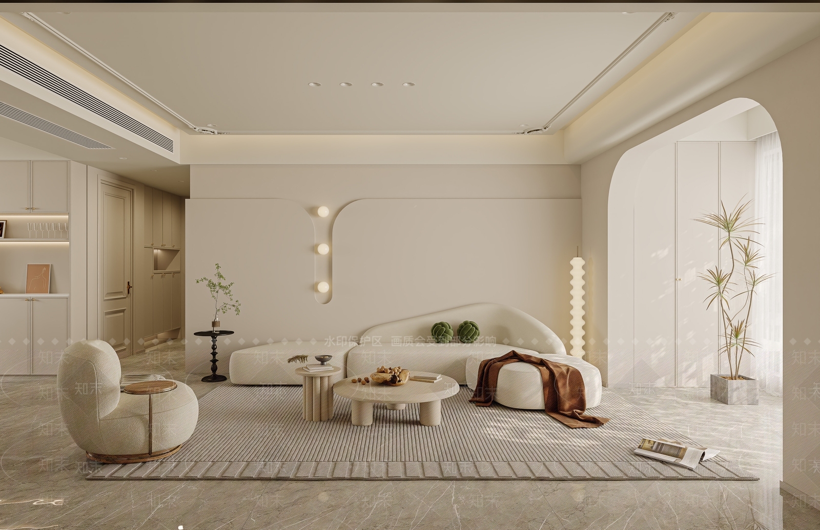 现代奶油风客厅3D模型下载【ID:1142041907】_知末3d模型网