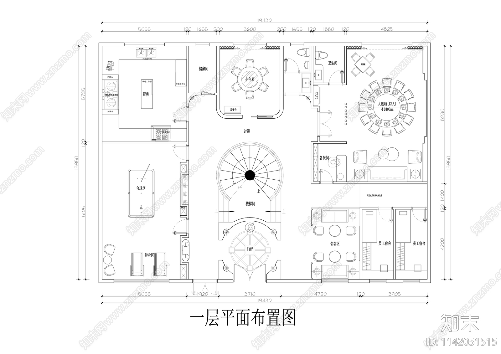 私人招待会所平面布置图cad施工图下载【ID:1142051515】