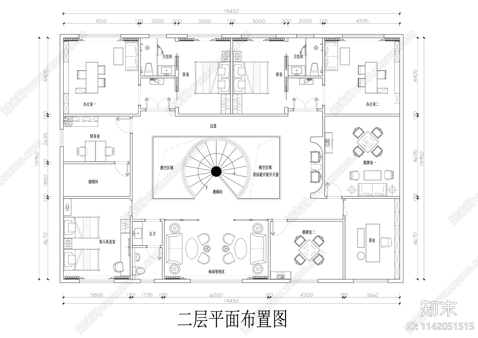 私人招待会所平面布置图cad施工图下载【ID:1142051515】