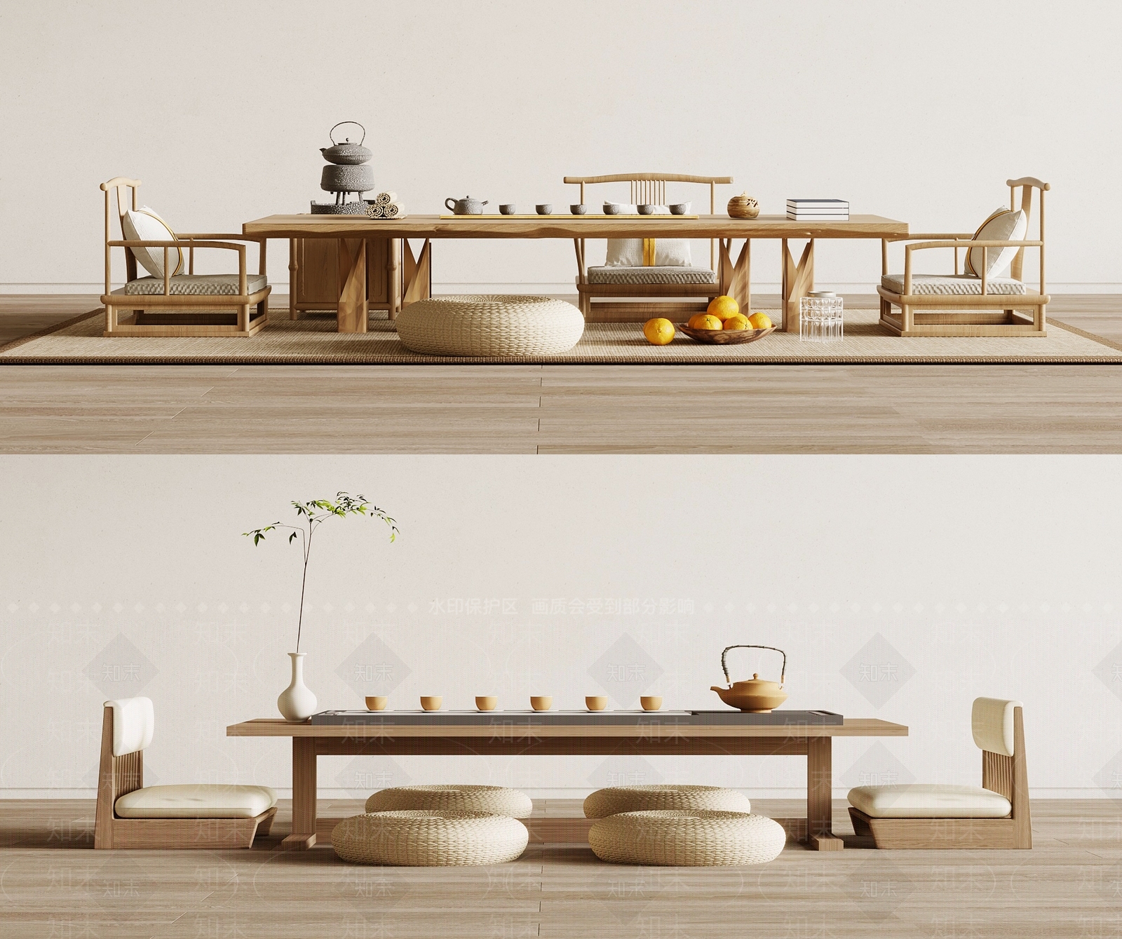 日式榻榻米茶桌椅组合3D模型下载【ID:1142056708】