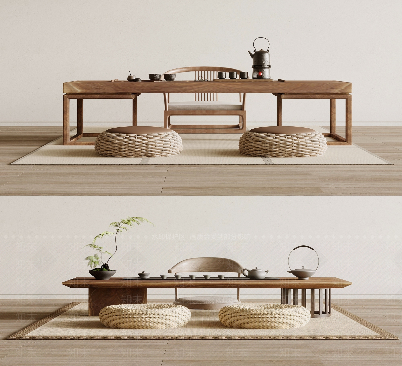 日式榻榻米茶桌椅组合3D模型下载【ID:1142056978】