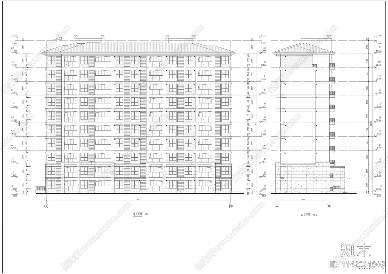 现代多层120平米洋房建筑cad施工图下载【ID:1142081809】