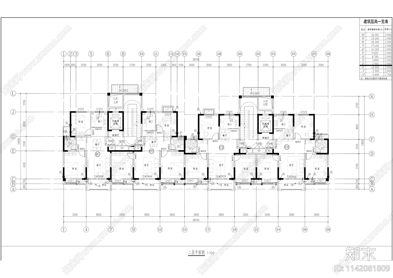 现代多层120平米洋房建筑cad施工图下载【ID:1142081809】