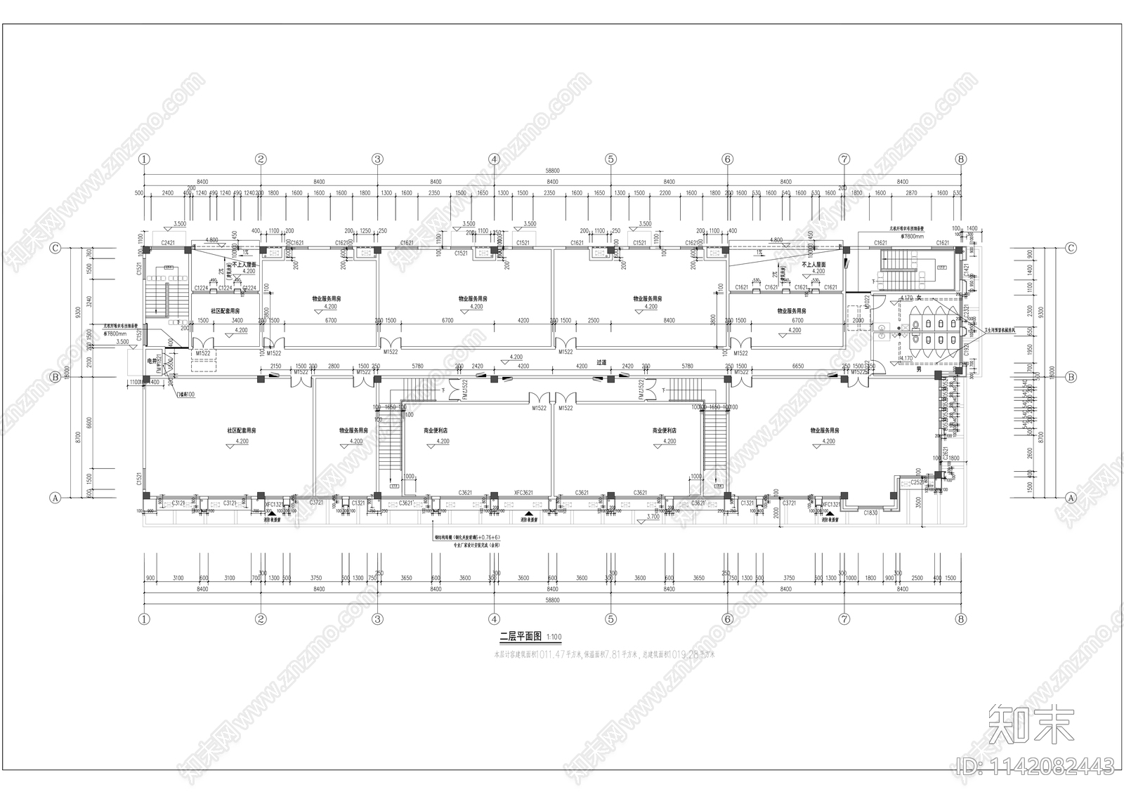 现代多层沿街商业街建筑cad施工图下载【ID:1142082443】