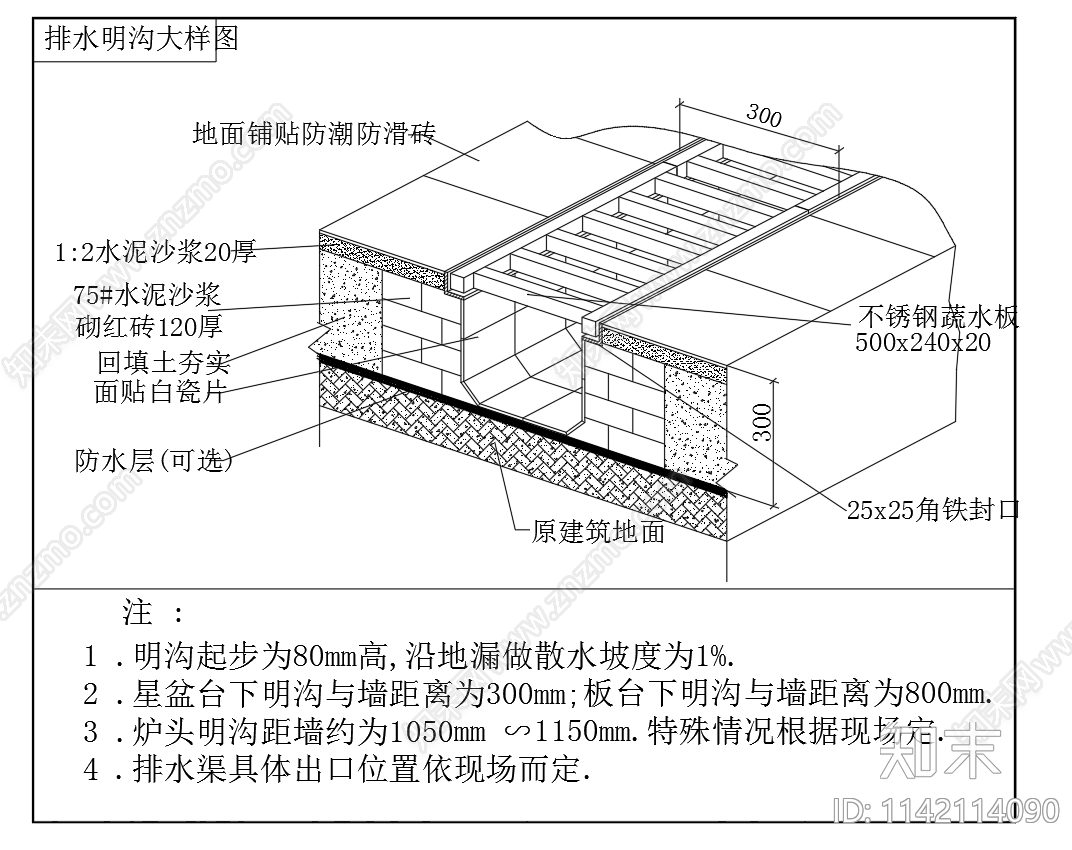 厨房排水沟地沟盖板cad施工图下载【ID:1142114090】