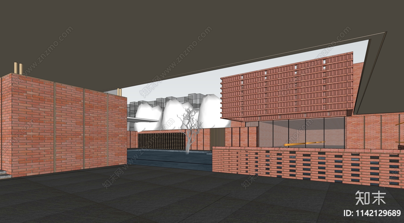 现代红砖典雅售楼处建筑SU模型下载【ID:1142129689】