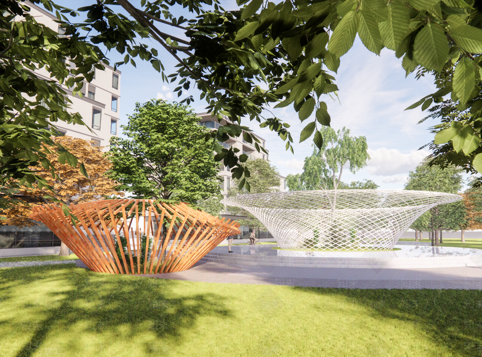 现代蝶形格栅及圆形网状建筑景观小品SU模型下载【ID:1142149037】