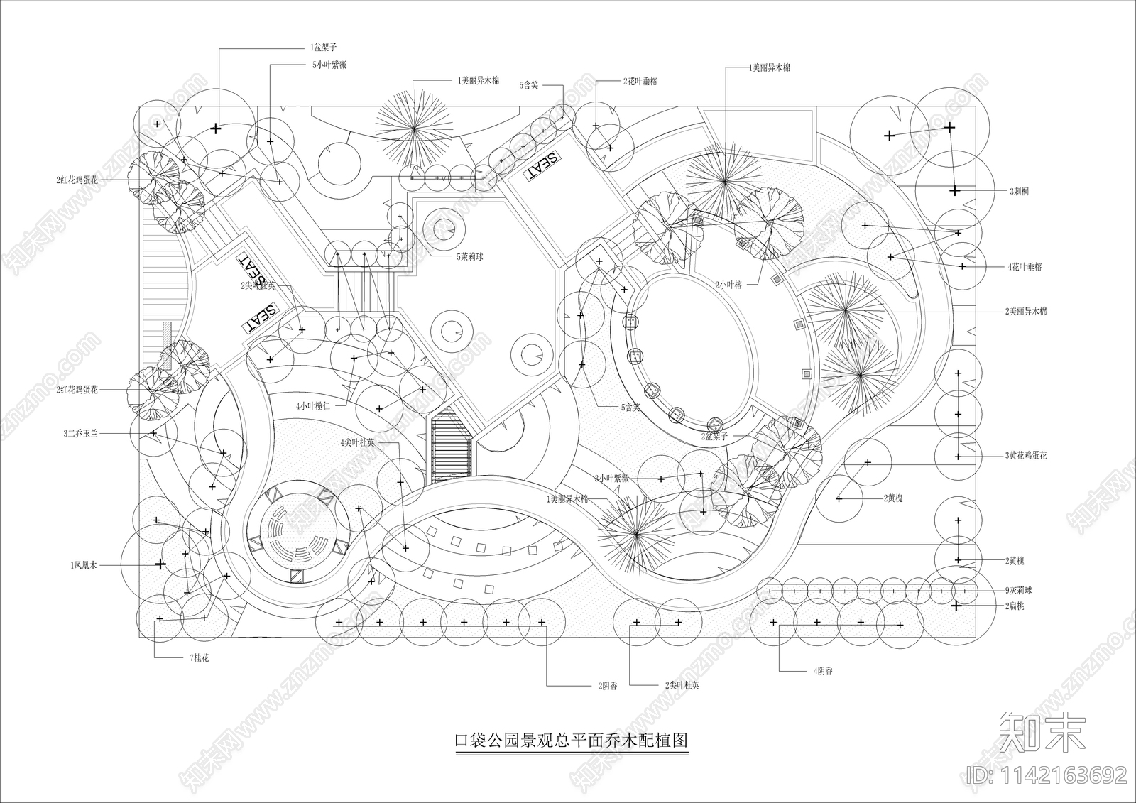 口袋公园景观总平面乔木配植图cad施工图下载【ID:1142163692】