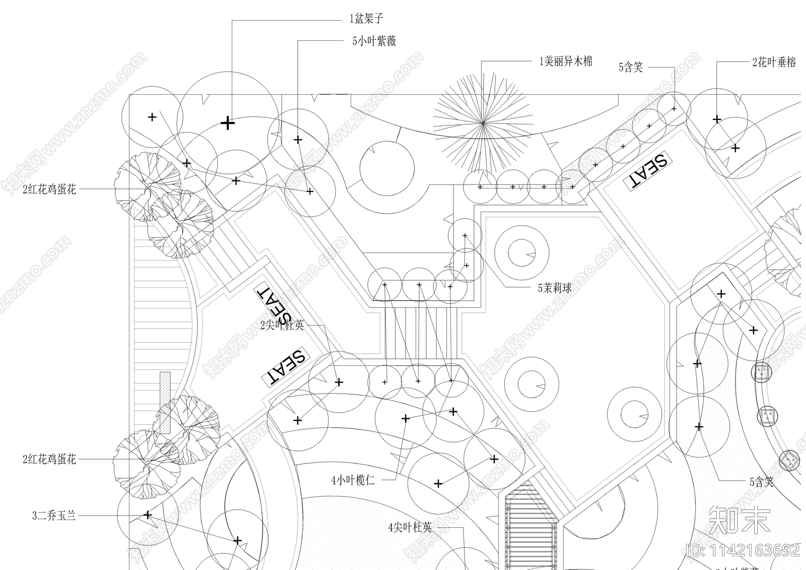 口袋公园景观总平面乔木配植图cad施工图下载【ID:1142163692】