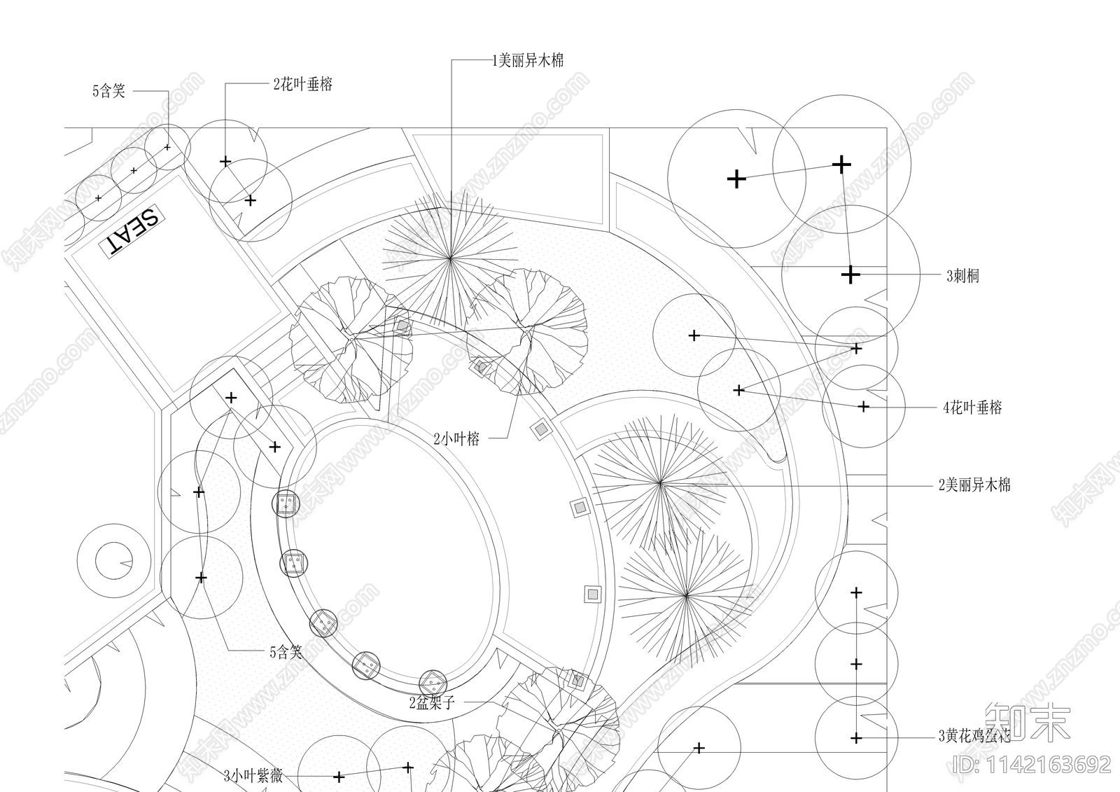 口袋公园景观总平面乔木配植图cad施工图下载【ID:1142163692】