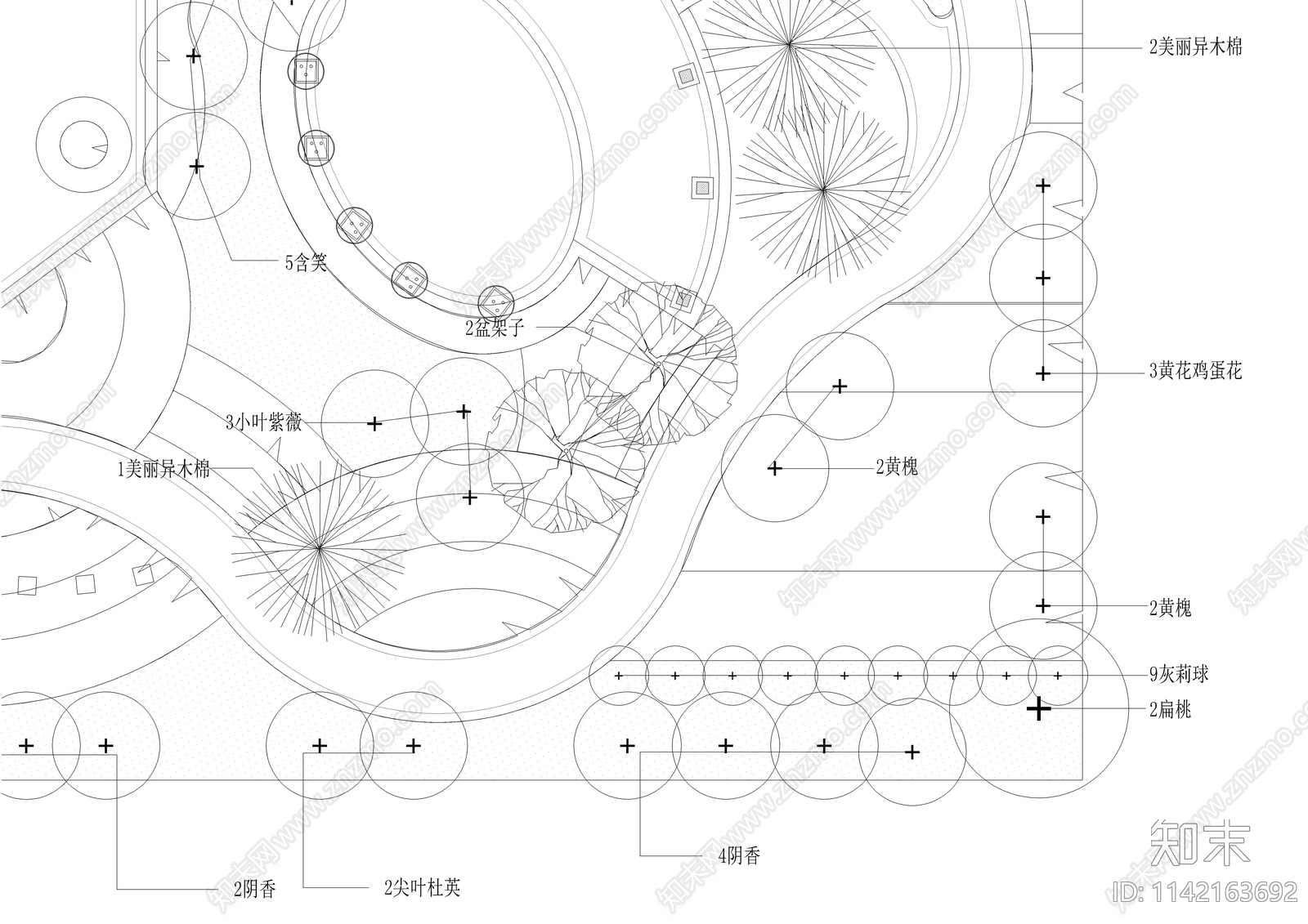 口袋公园景观总平面乔木配植图cad施工图下载【ID:1142163692】