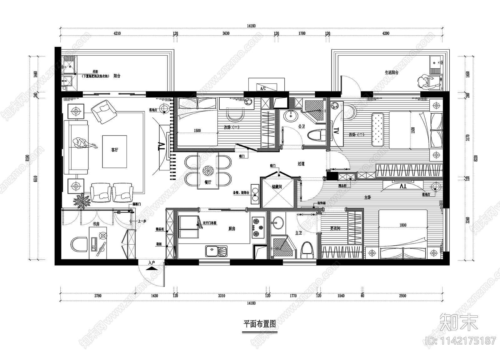 融侨二期平层室内cad施工图下载【ID:1142175187】