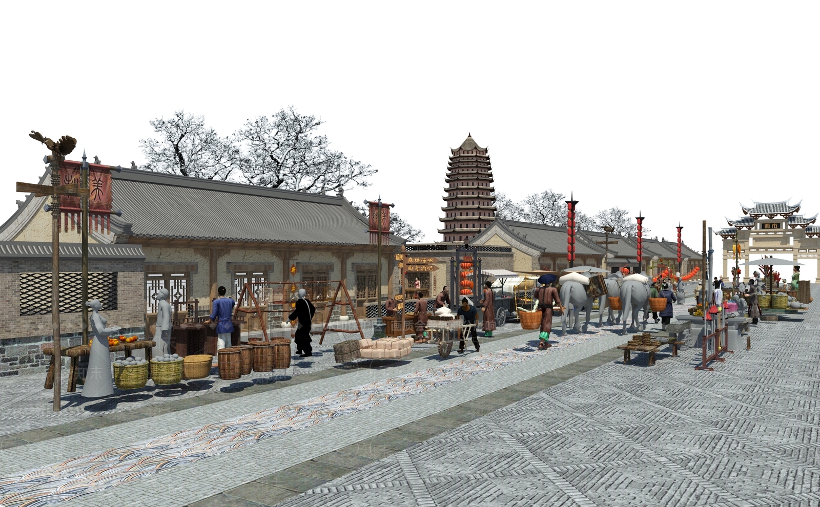 中式古镇商业街SU模型下载【ID:1142184297】