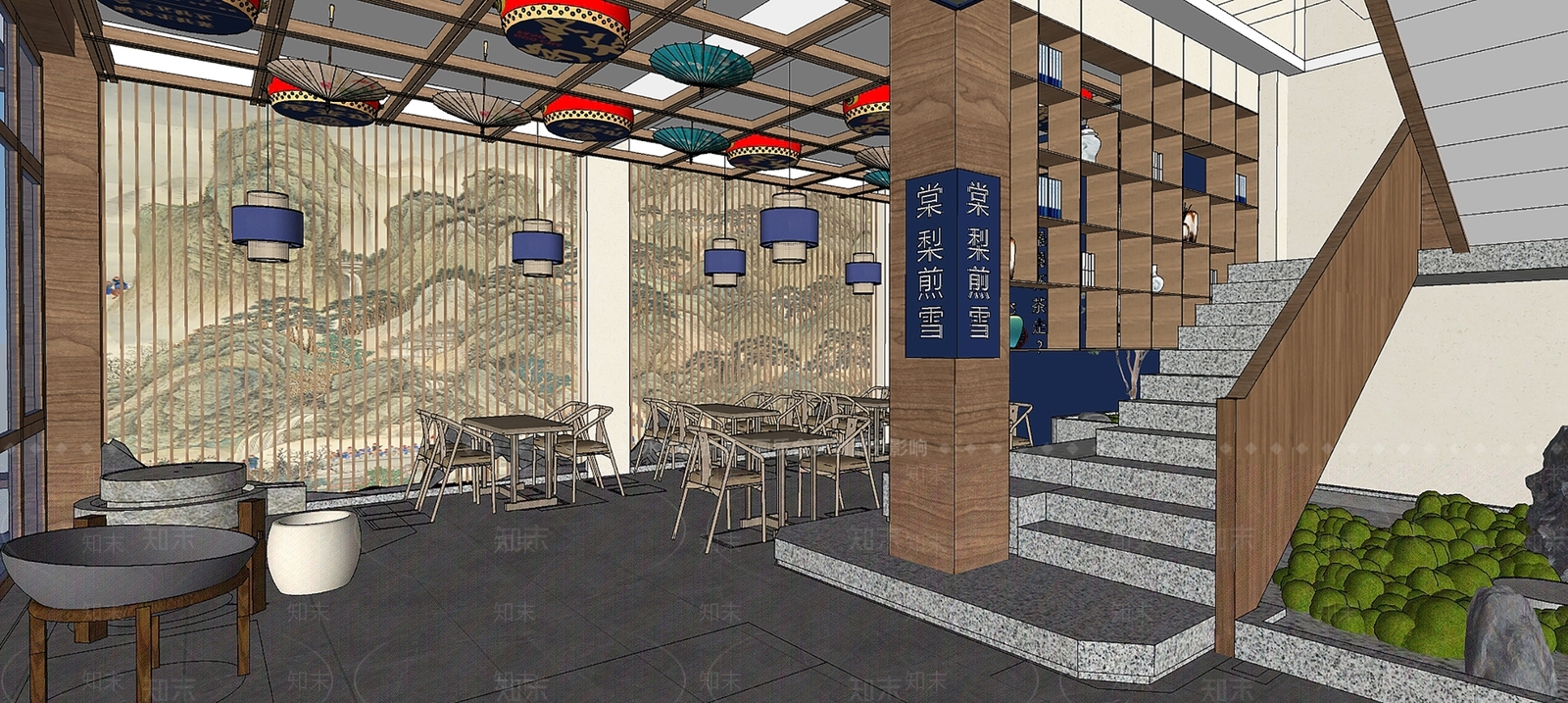 新中式风格奶茶店SU模型下载【ID:1142191304】