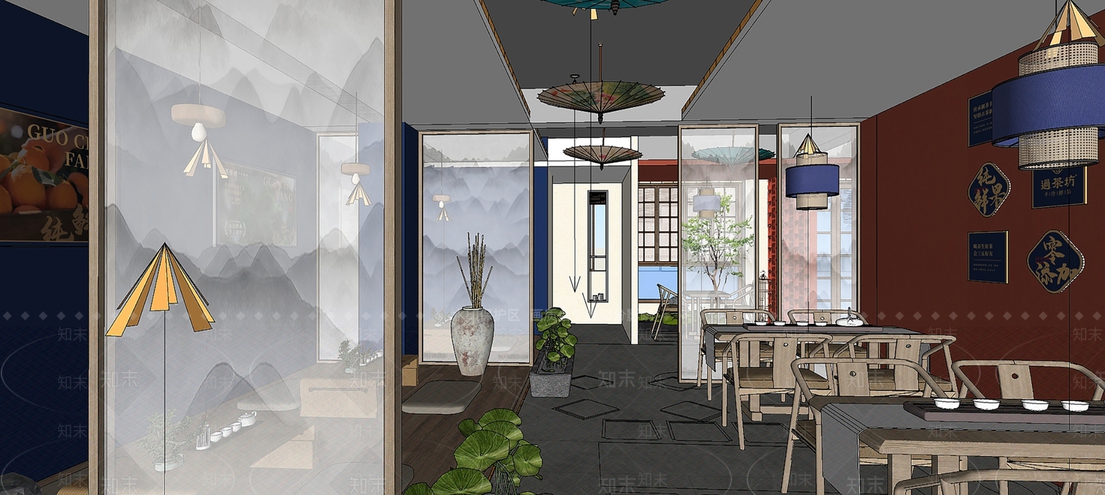 新中式风格奶茶店SU模型下载【ID:1142191607】
