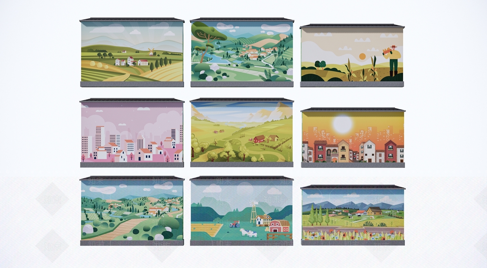 现代美丽乡村彩绘景墙围墙SU模型下载【ID:1142203270】