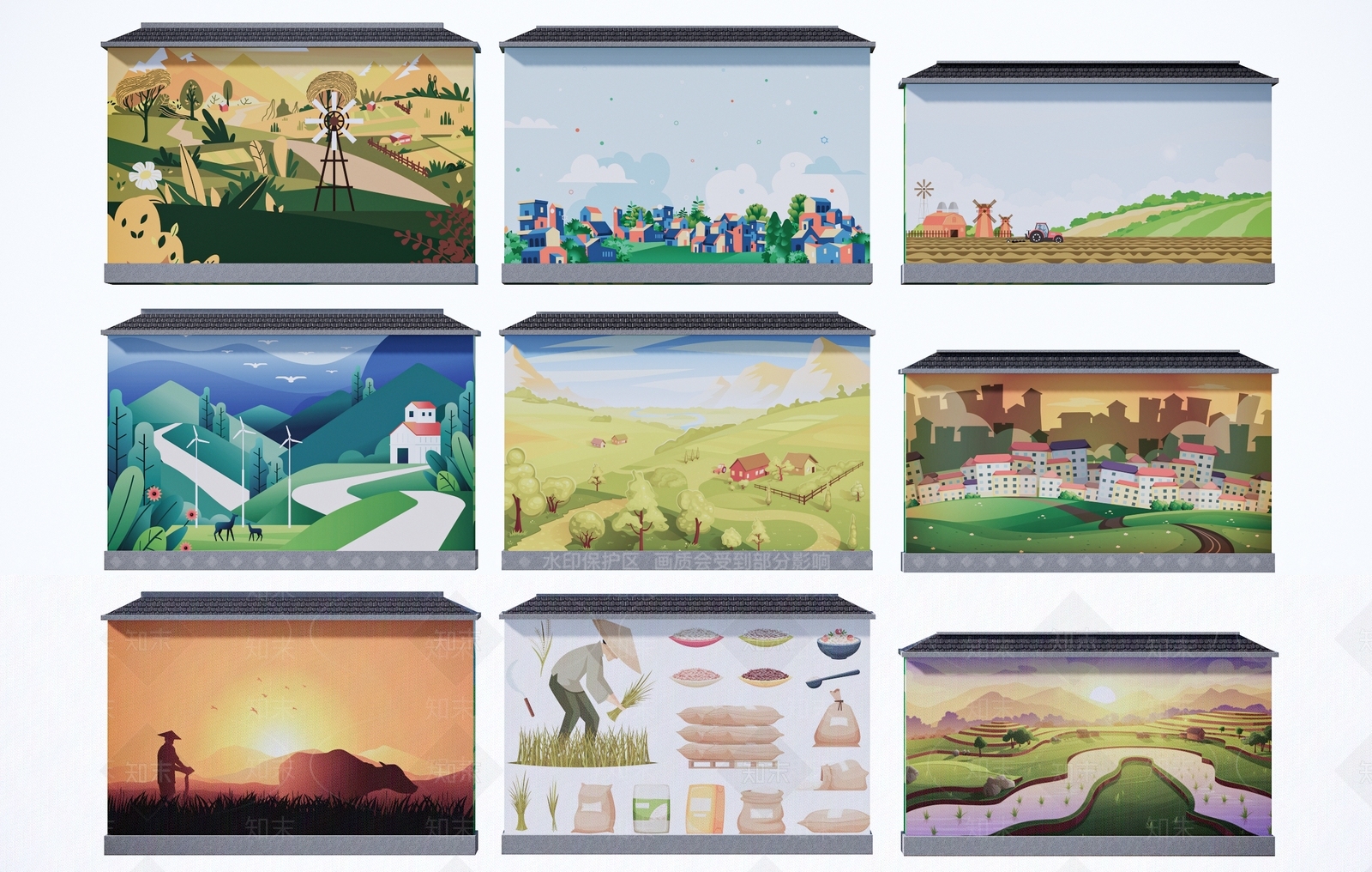 现代美丽乡村彩绘景墙围墙SU模型下载【ID:1142206174】