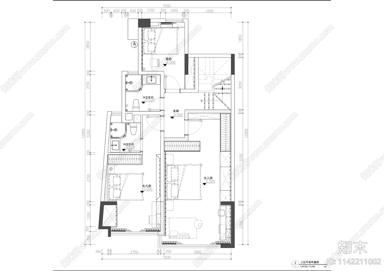 现代简约万科复式样板间全套cad施工图下载【ID:1142211002】