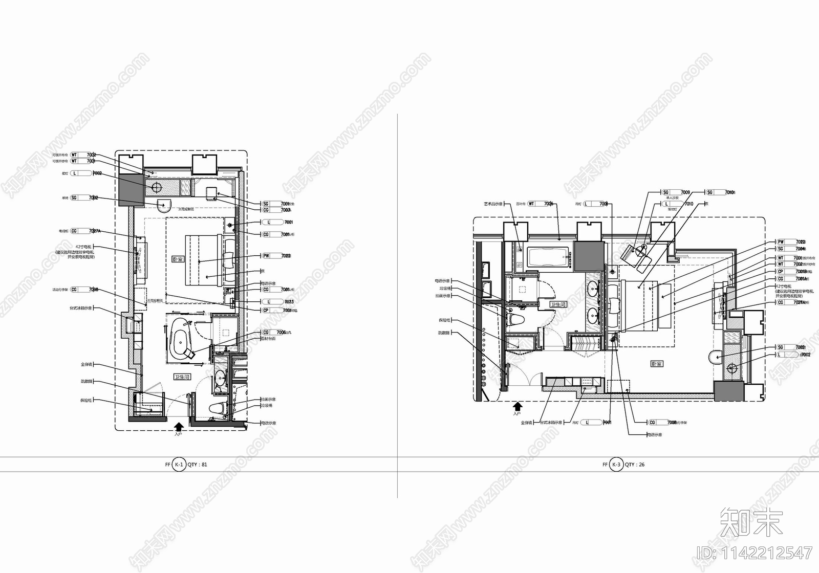 酒店客房cad施工图下载【ID:1142212547】