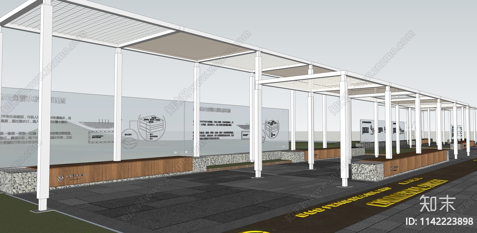 现代石笼景观廊架SU模型下载【ID:1142223898】