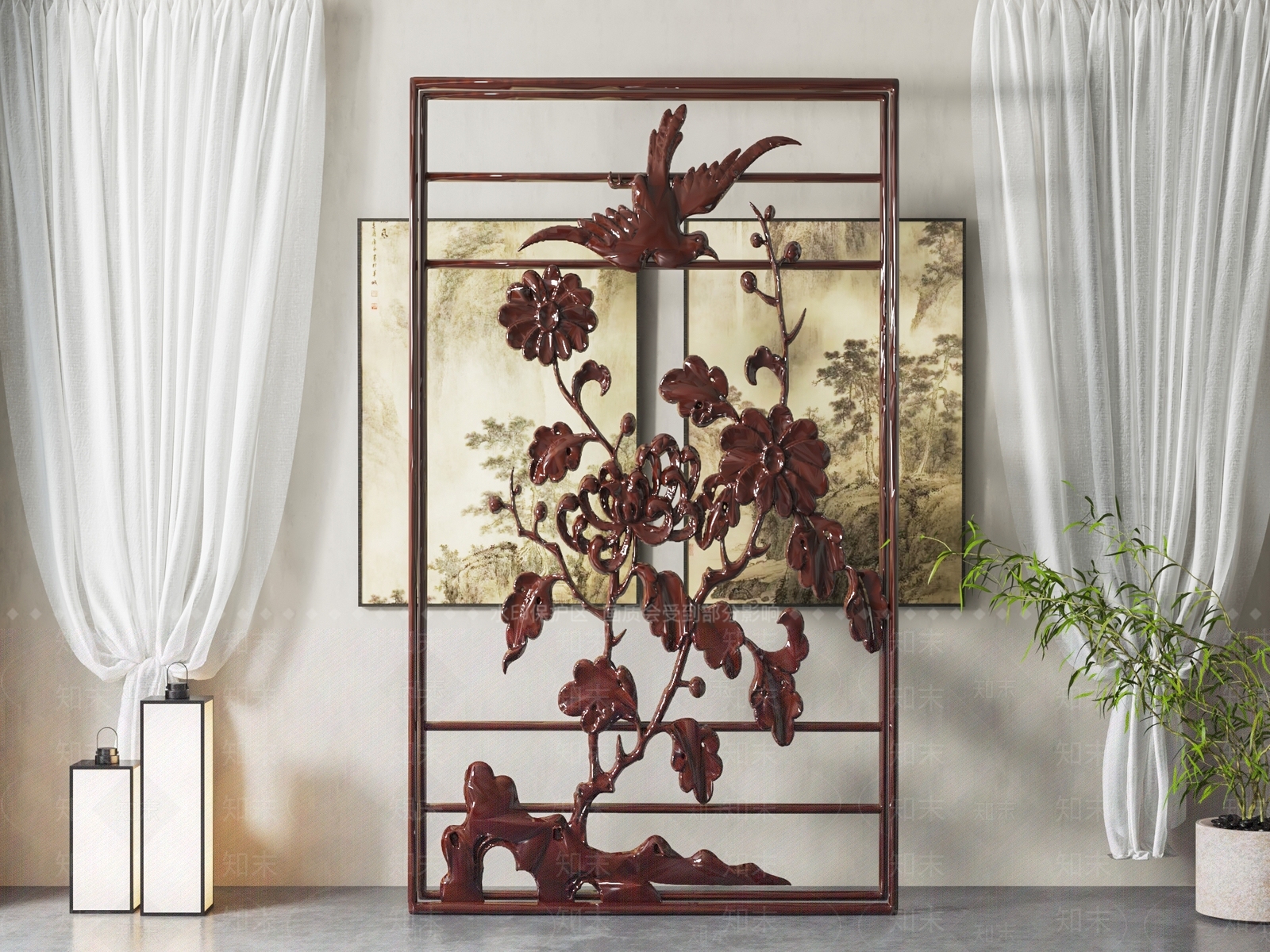 中式实木雕花隔断SU模型下载【ID:1142225966】